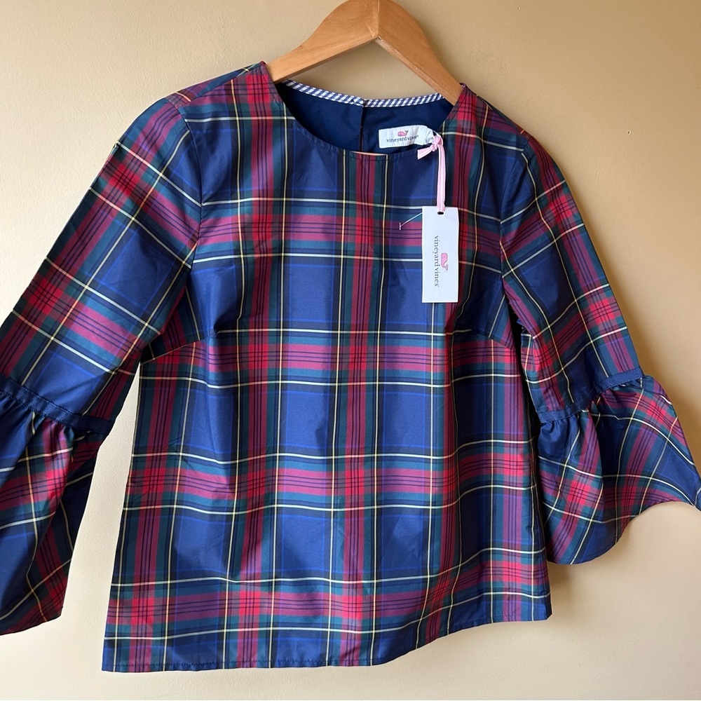 NWT Vineyard Vines Women's Plaid Taffeta Blouse Size 0 Top Bell Sleeves Jolly - Picture 2 of 12
